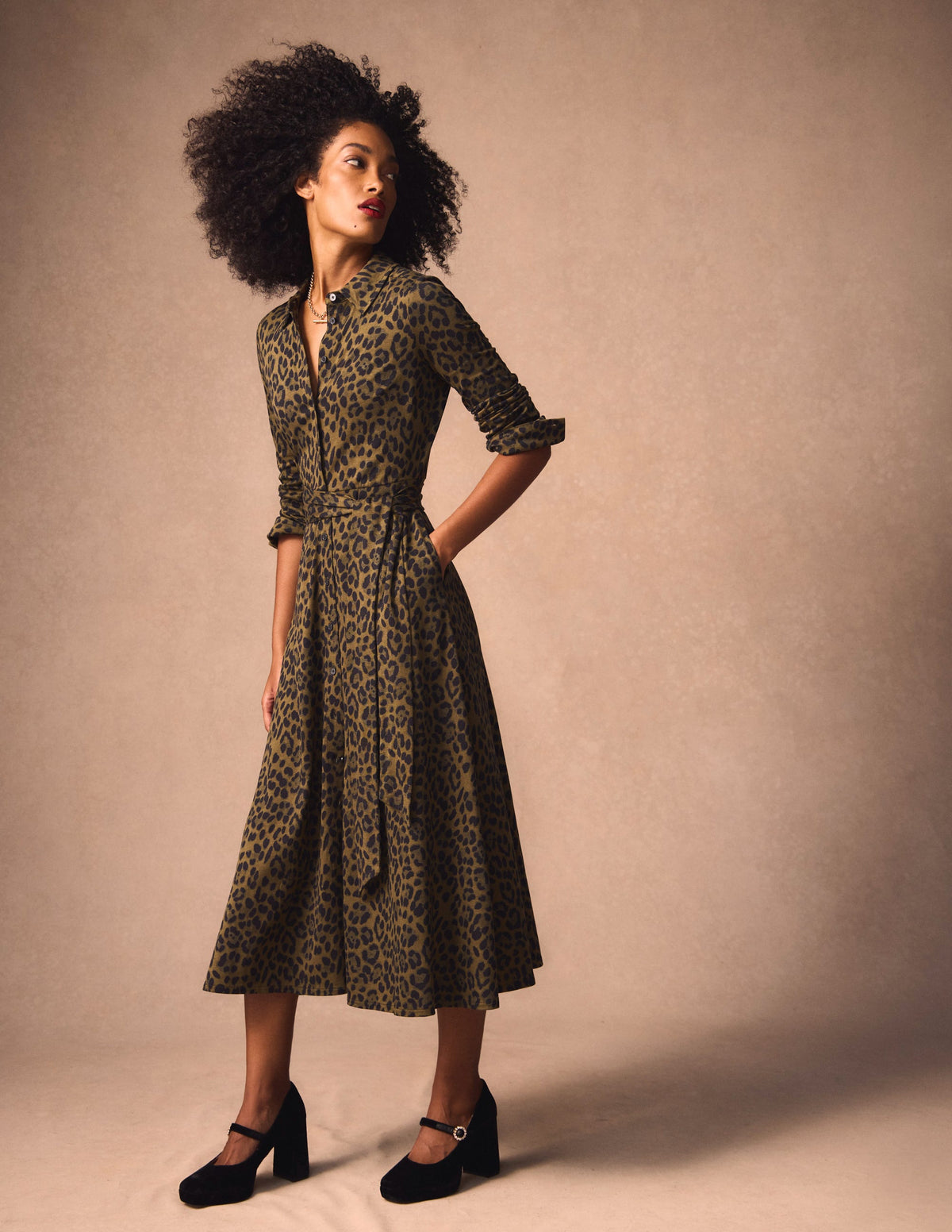 Marcia Jersey Shirt Dress-Military Olive, Brushed Animal - Image 1