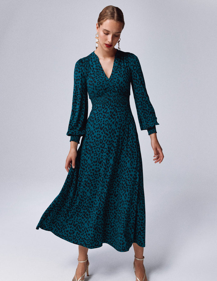 Ivy Smocked Midi Dress-Moonlit Ocean, Brushed Animal