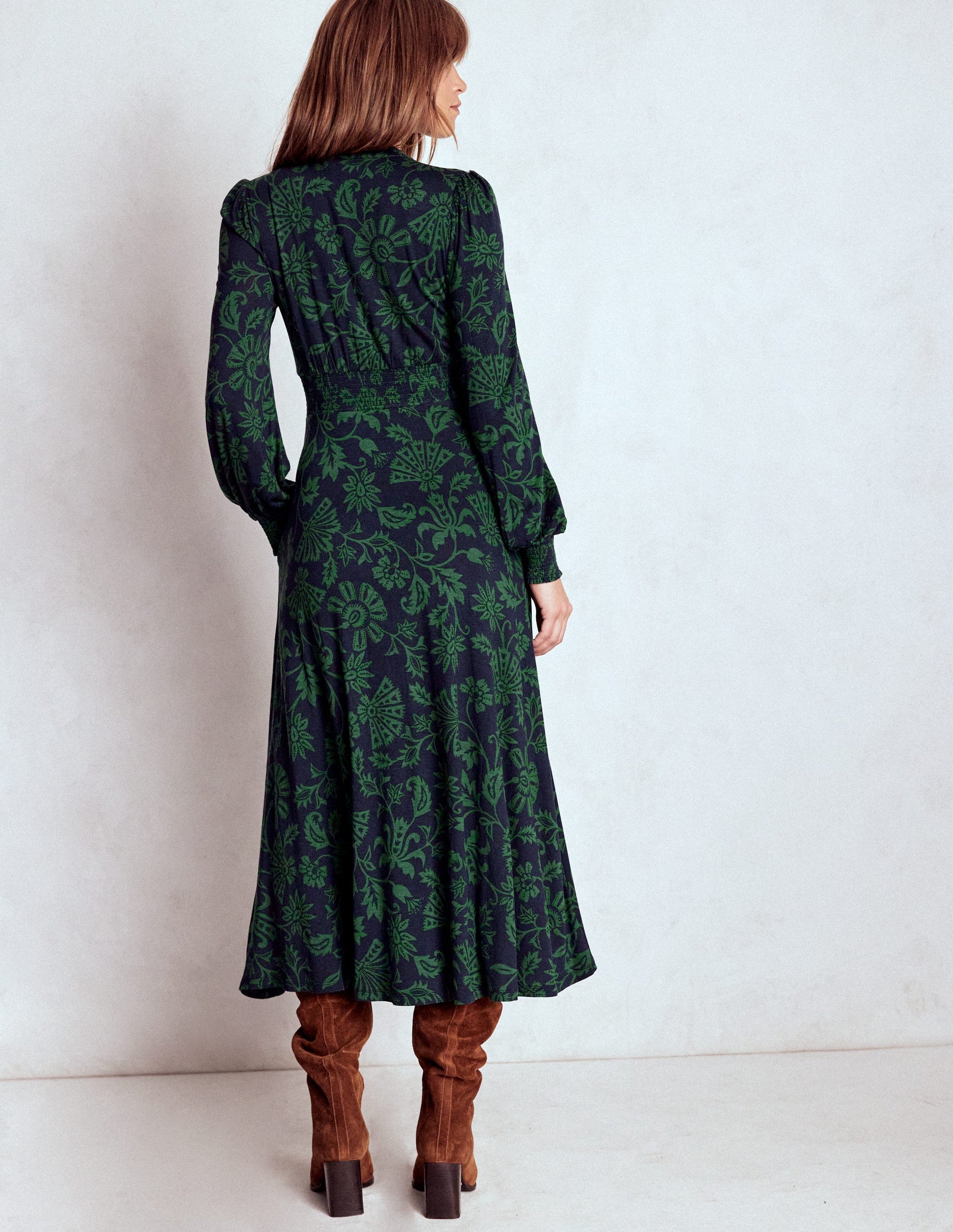 Ivy Smocked Midi Dress-Dark Navy, Elaborate Vine-4