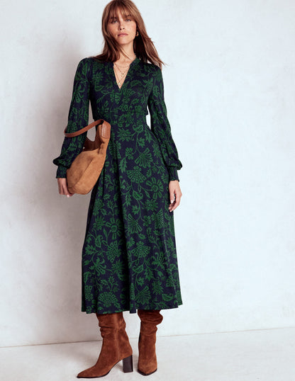 Ivy Smocked Midi Dress-Dark Navy, Elaborate Vine-5