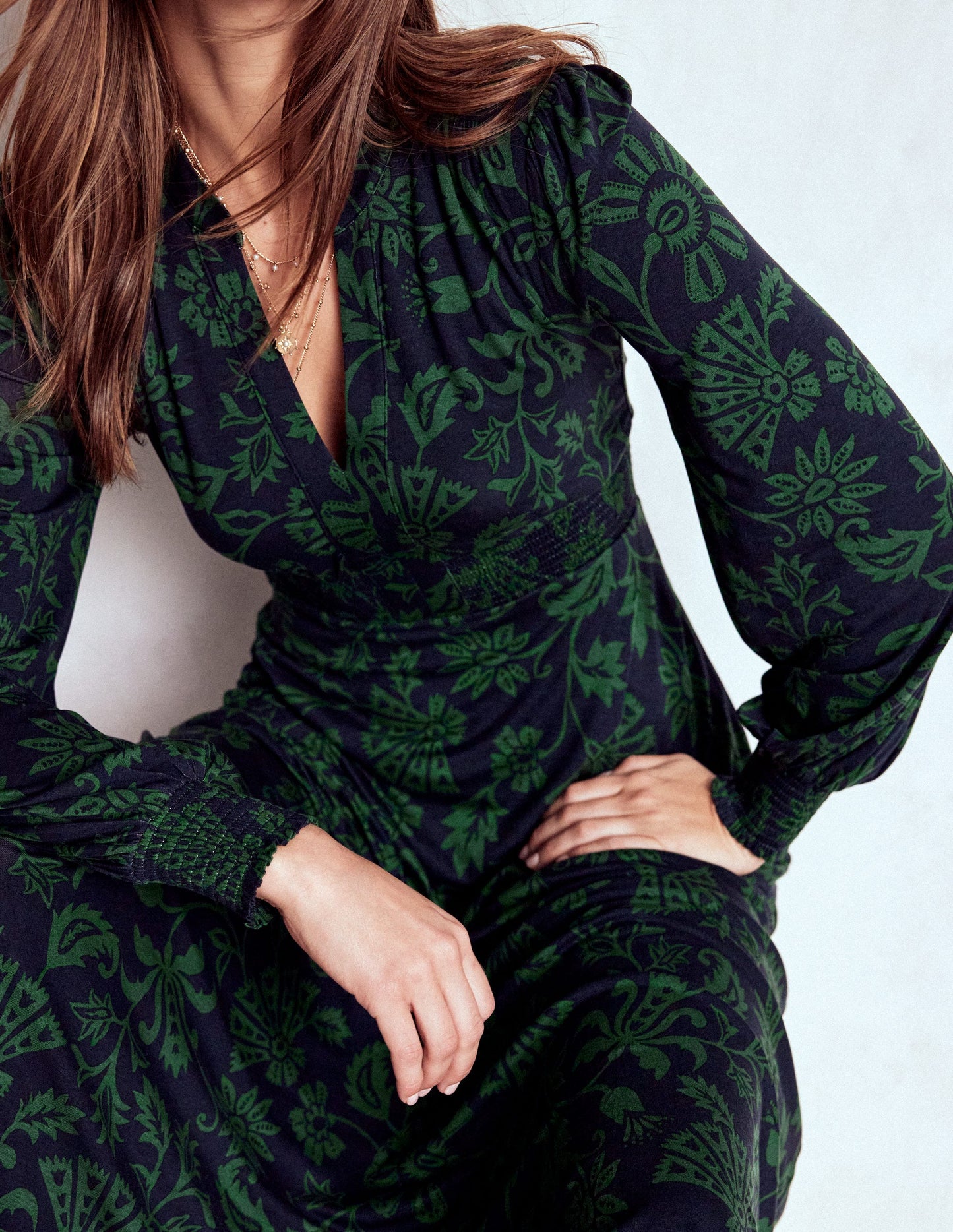 Ivy Smocked Midi Dress-Dark Navy, Elaborate Vine