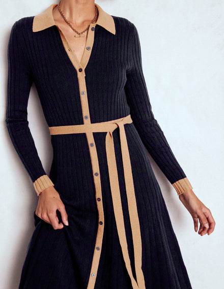 Rachel Knitted Shirt Dress-Navy