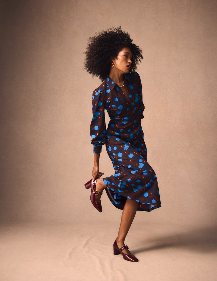 Pip Zip-Up Ponte Midi Dress-French Navy, Garden Blossom