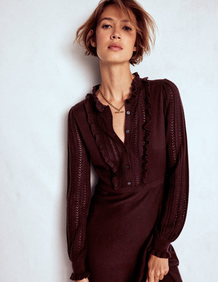Winifred Frilled Knitted Dress-Coffee Bean