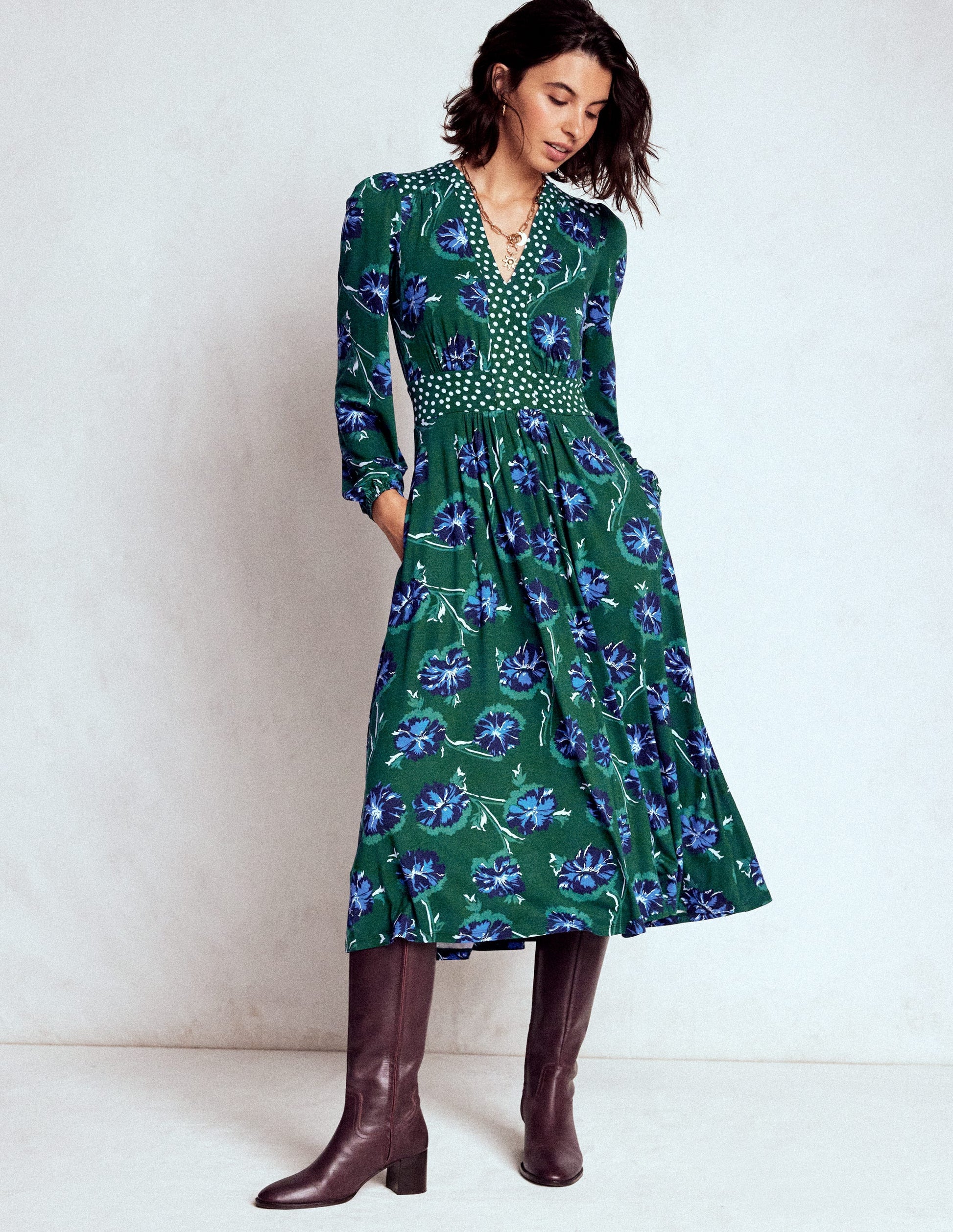 Lily Long Sleeve Midi Dress-Emerald, Delicate Carnation-5