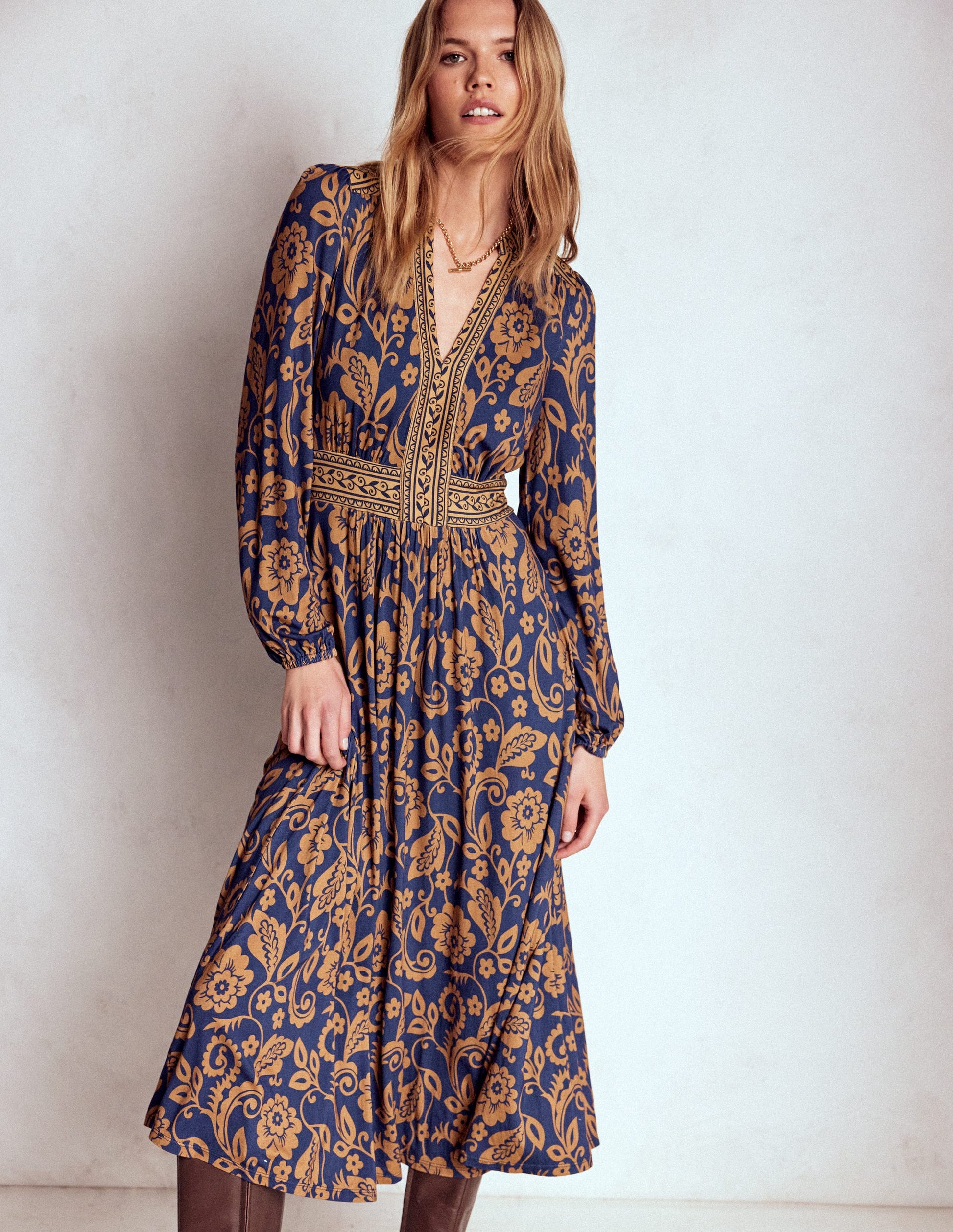 Lily Long Sleeve Midi Dress-French Navy, Ornate Flora-1