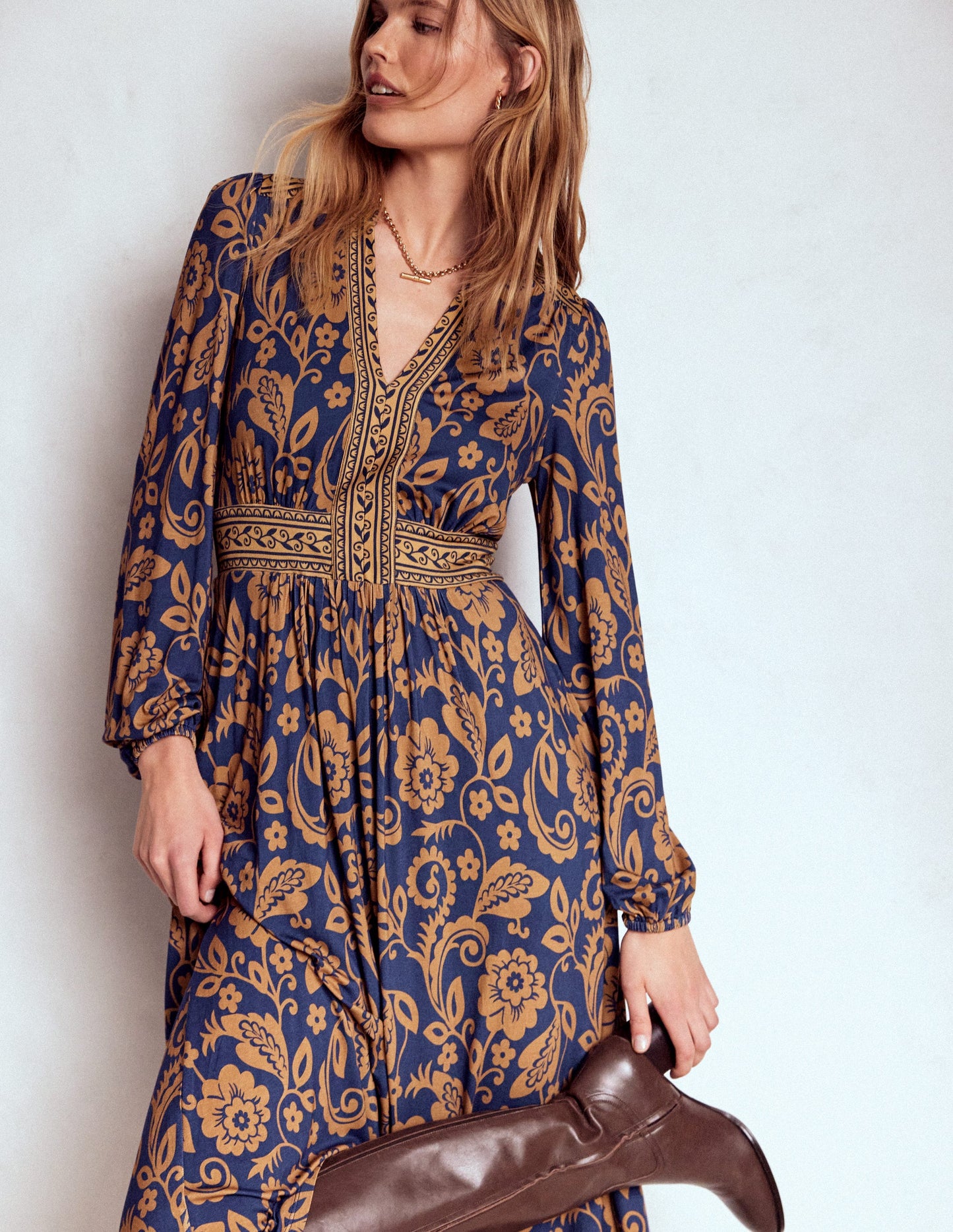 Lily Long Sleeve Midi Dress-French Navy, Ornate Flora