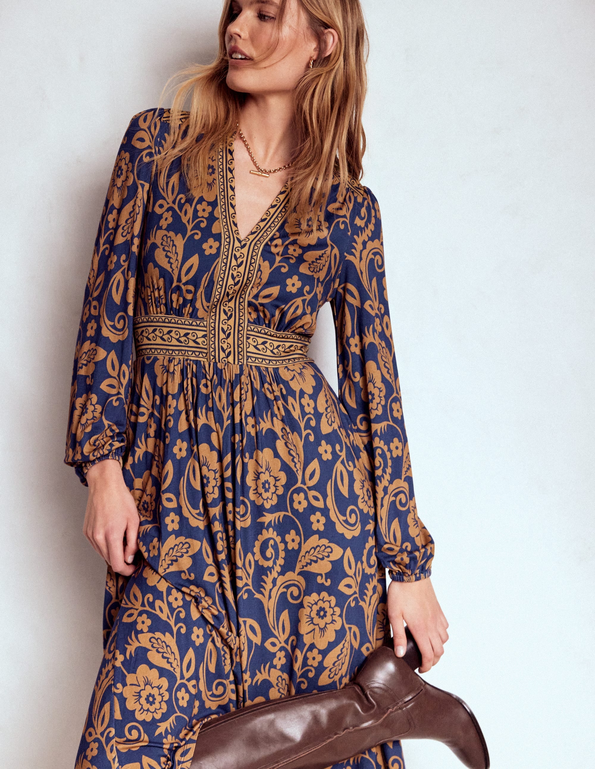 Lily Long Sleeve Midi Dress-French Navy, Ornate Flora - Image 2
