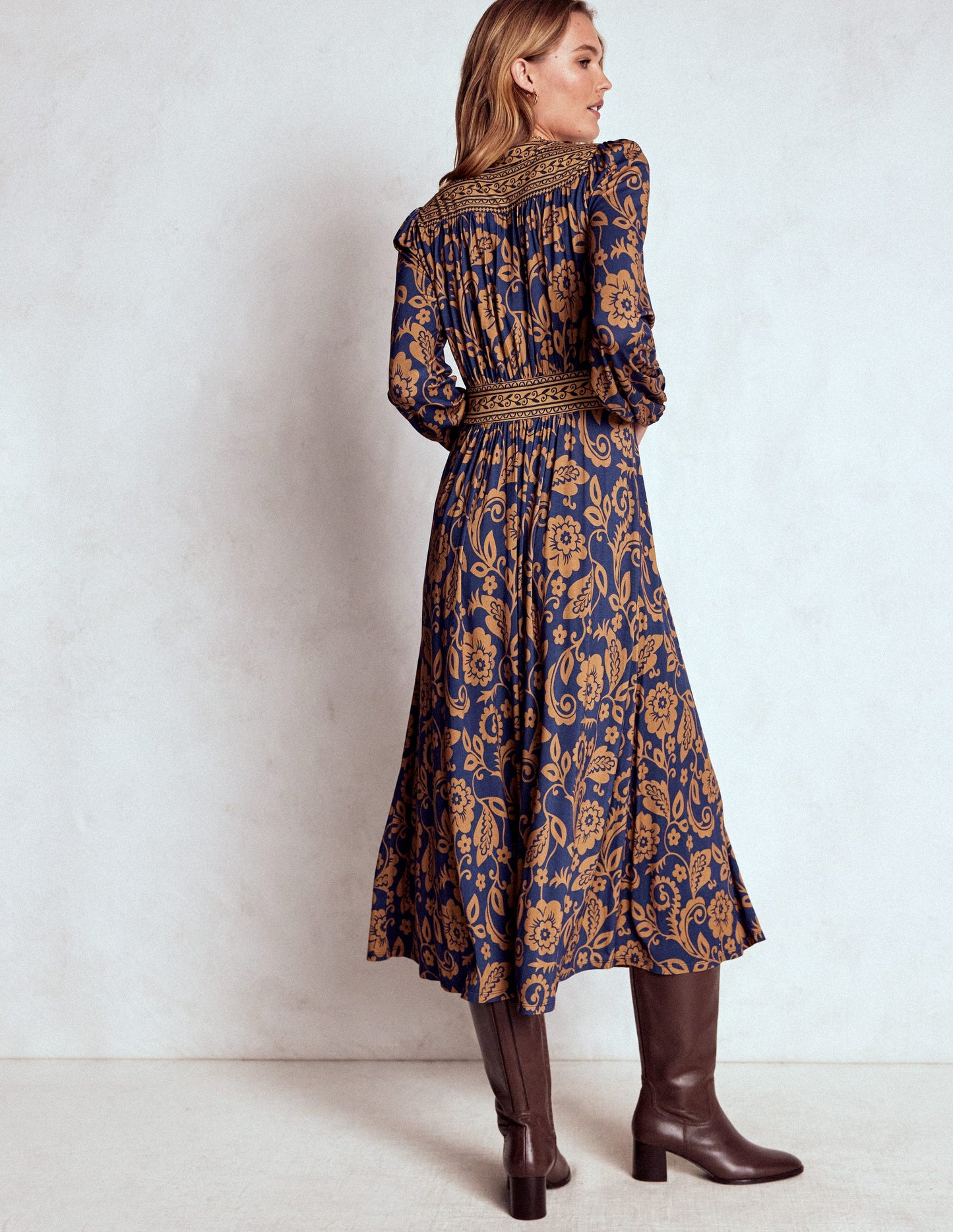 Lily Long Sleeve Midi Dress-French Navy, Ornate Flora