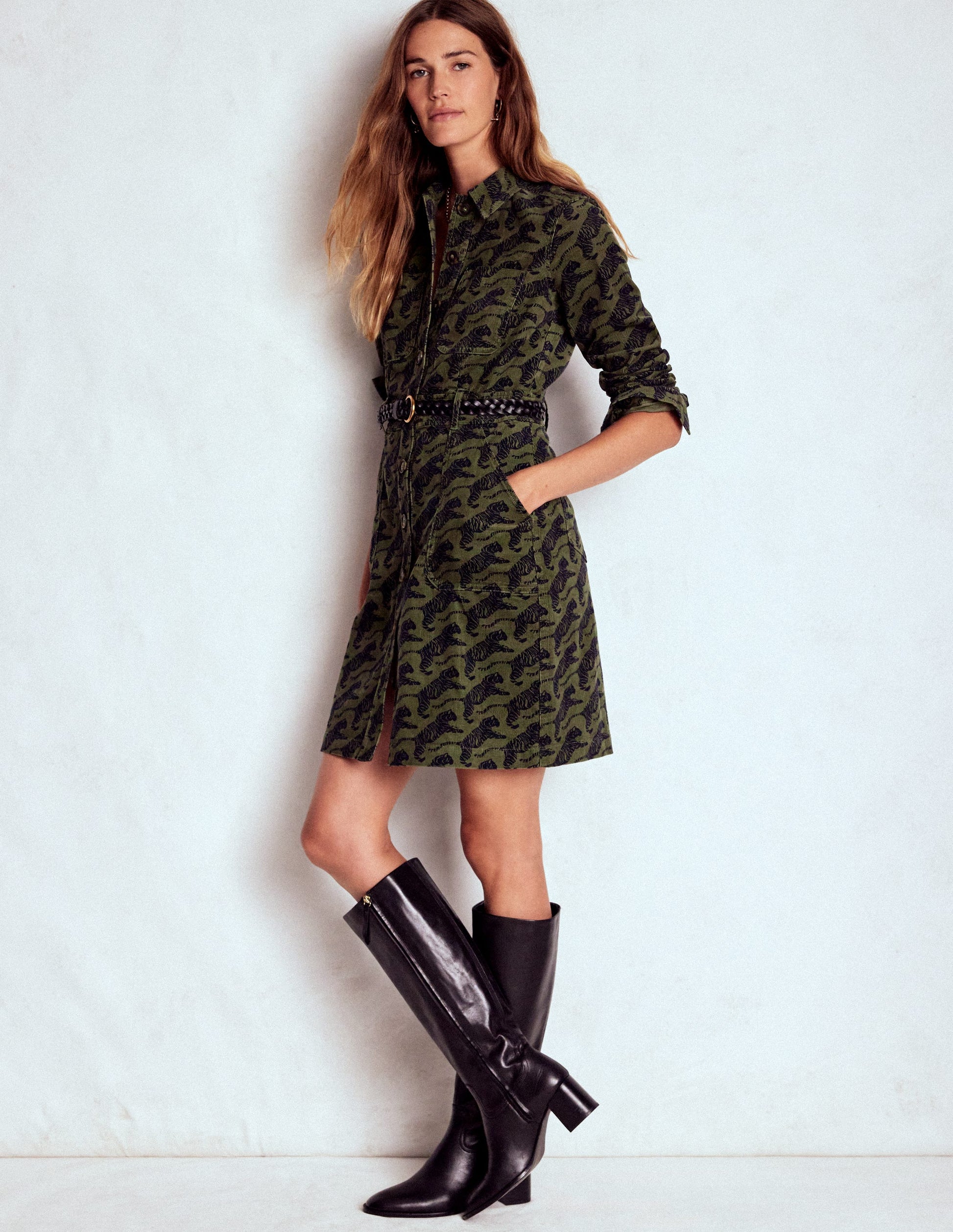 Amanda Cord Short Dress-Woodland Green, Leaping Tiger | Boden Global Amanda Cord Short Dress-Woodland Green, Leaping Tiger | Boden Global
