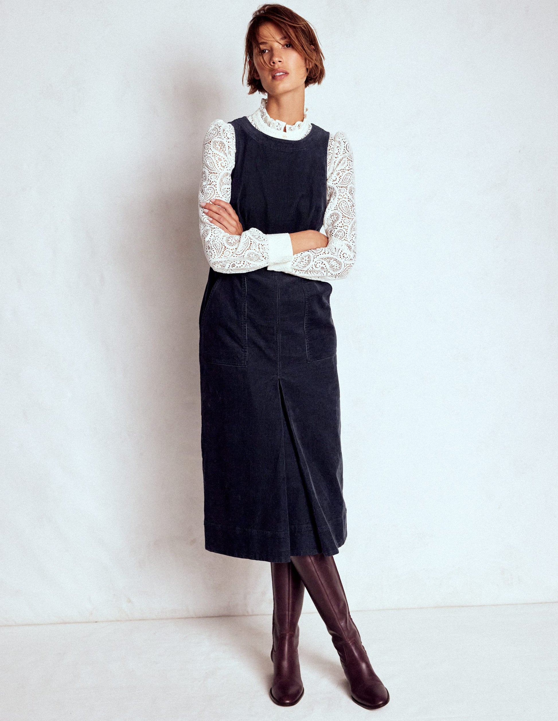 Ula Box Pleat Cord Midi Dress-Midnight Blue-2