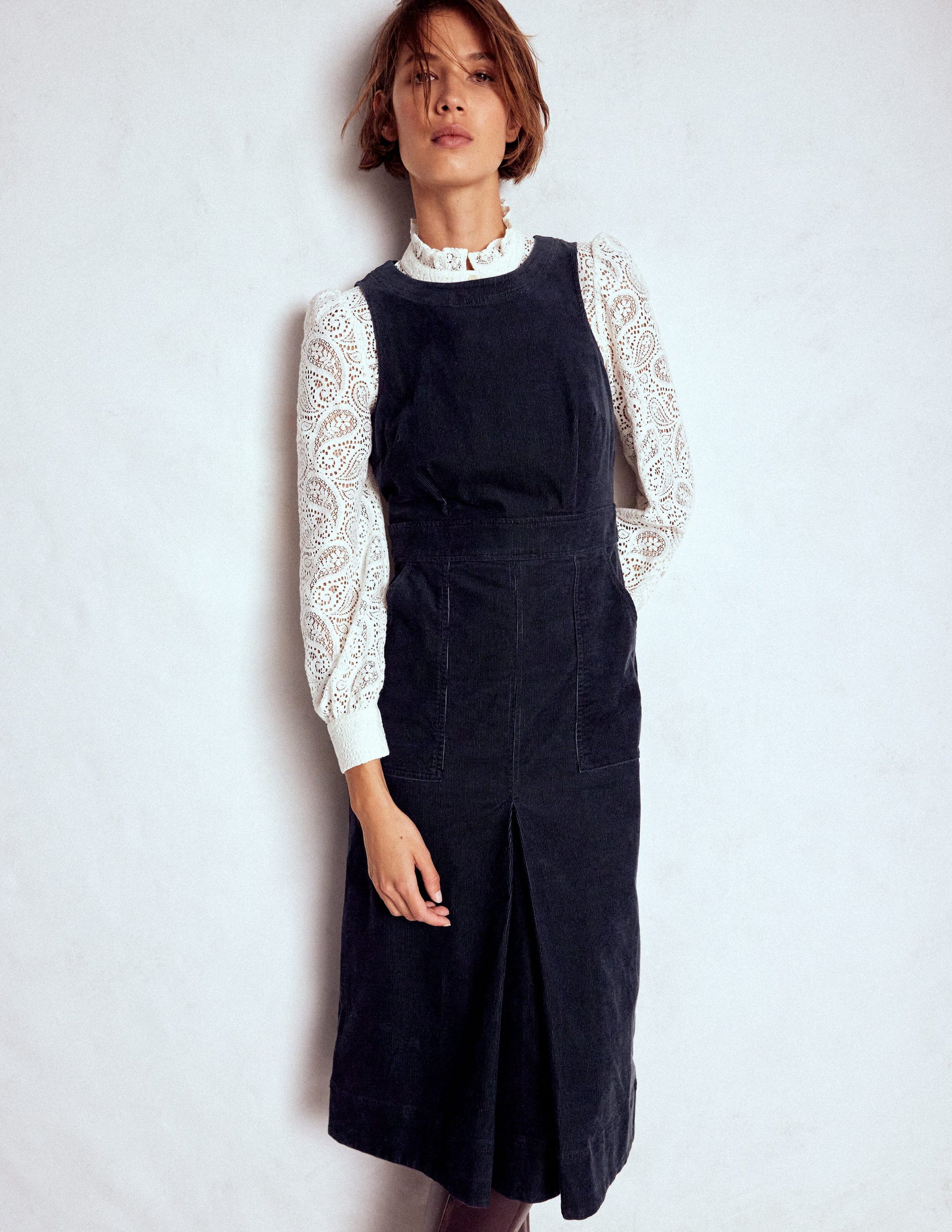 Ula Box Pleat Cord Midi Dress-Midnight Blue-5