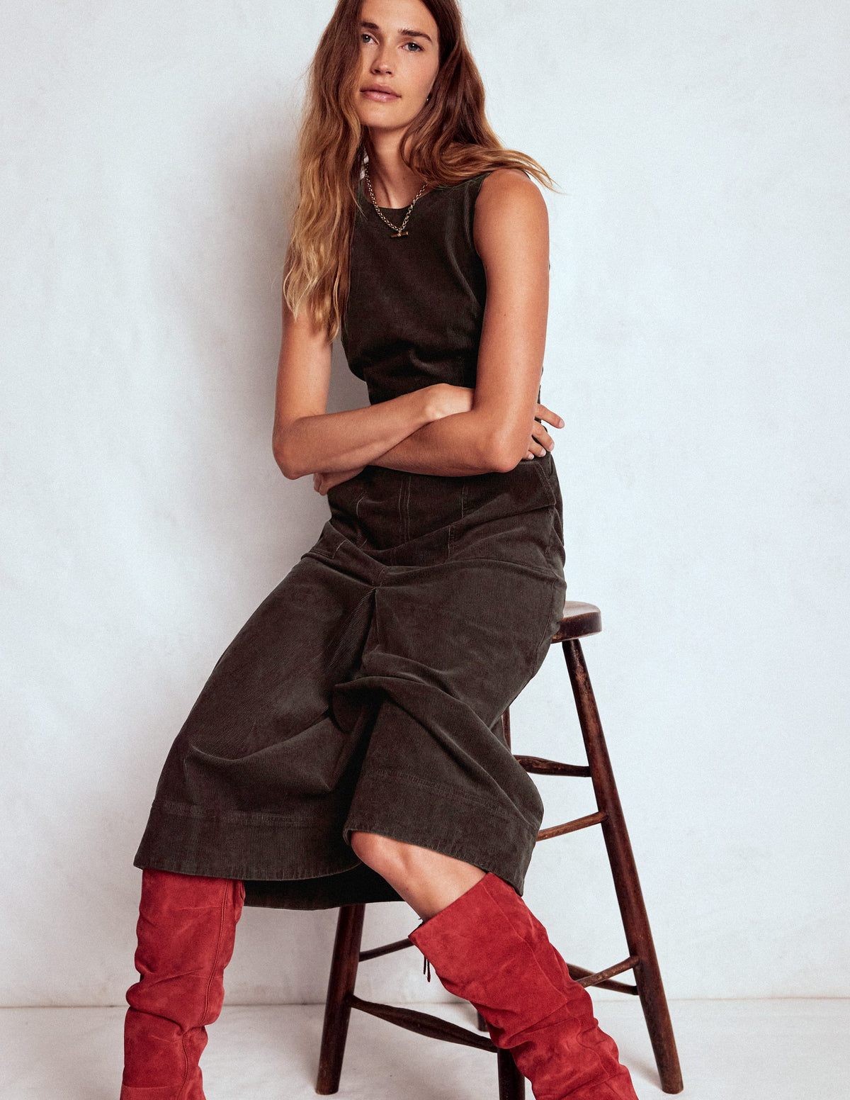 Ula Box Pleat Cord Midi Dress-Espresso - Image 1