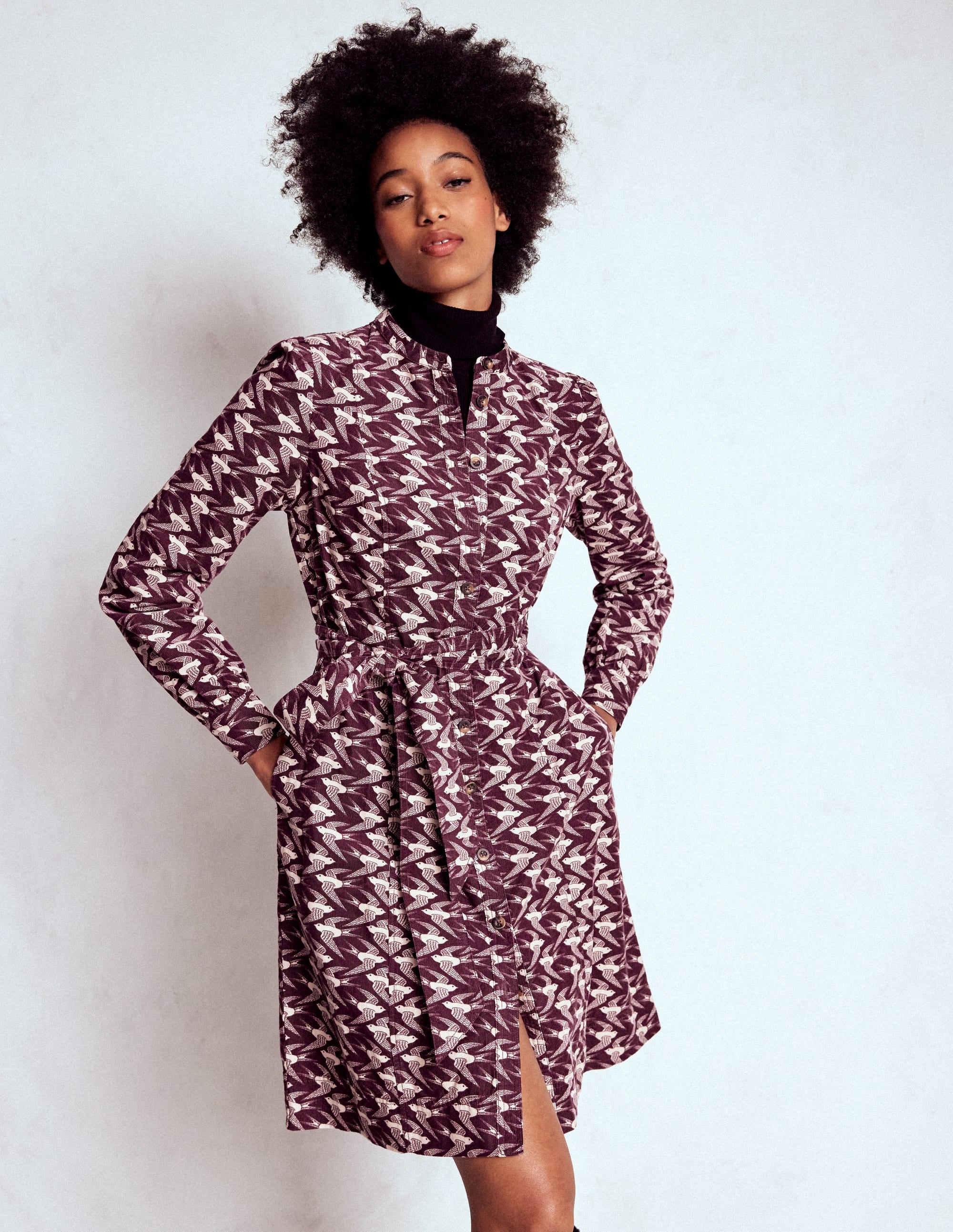 Bre Cord Short Dress-Dark Cherry, Swooping Swallow - Image 1