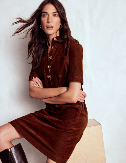 Zia Cord Pocket Shirt Dress-Copper Brown-2