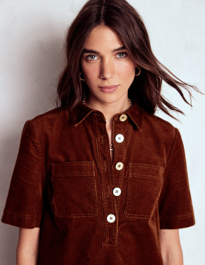 Zia Cord Pocket Shirt Dress-Copper Brown-3