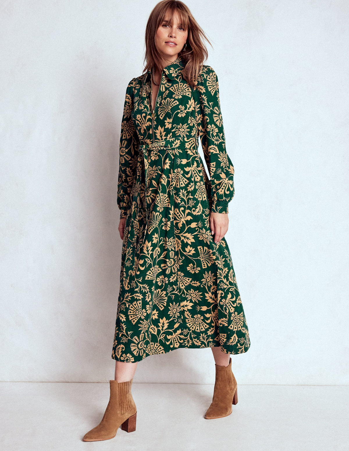 Adelaide Zip Cord Midi Dress-Emerald Night, Elaborate Vine - Image 1
