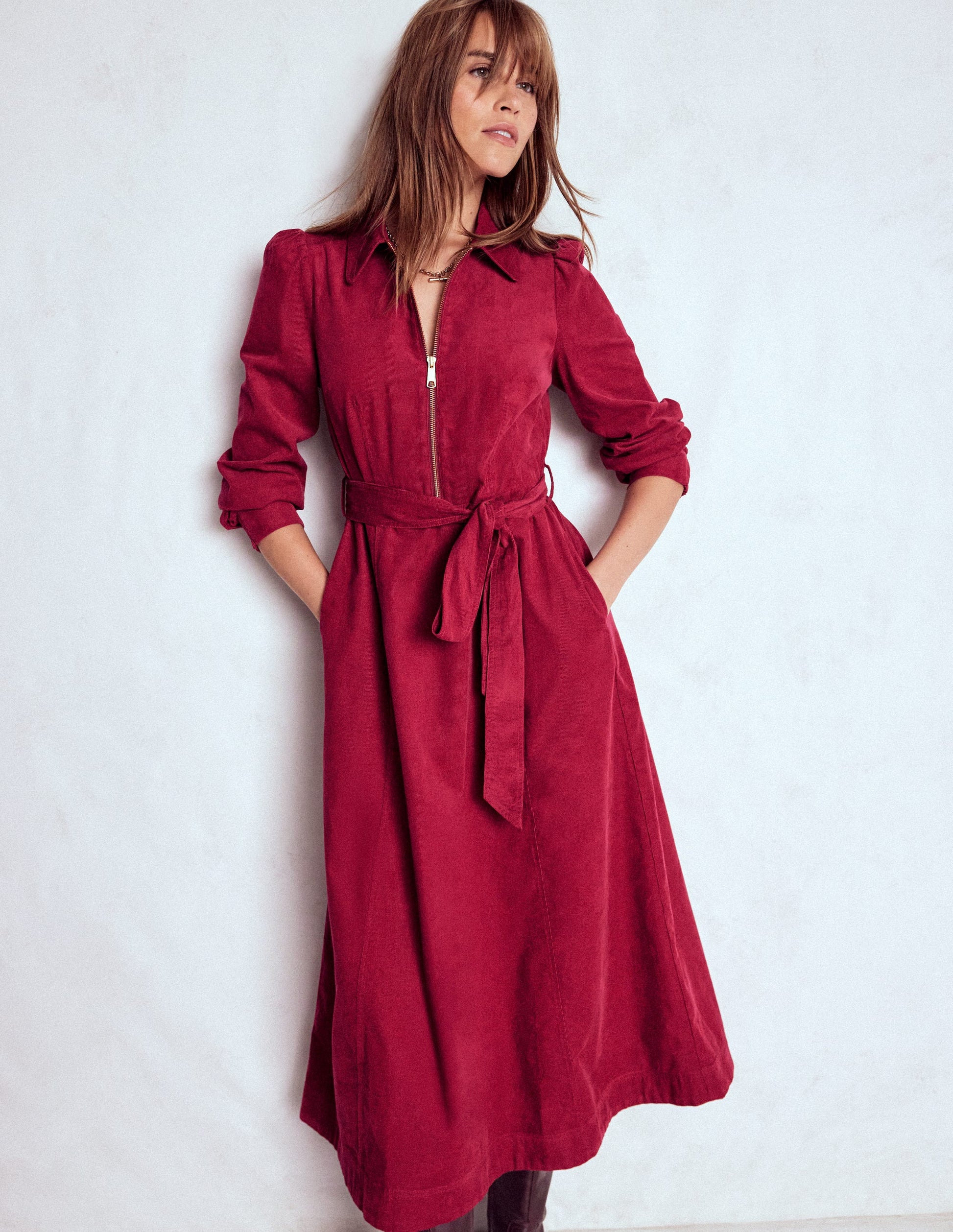 Adelaide Zip Cord Midi Dress-Burgundy Red | Boden Global Adelaide Zip Cord Midi Dress-Burgundy Red | Boden Global