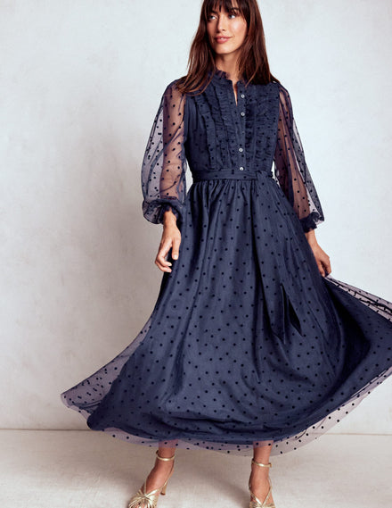 Tulle Ruffle Maxi Dress-Navy