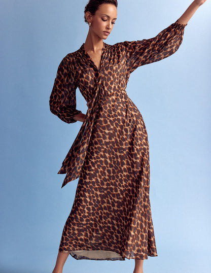 Brooke Tie Neck Tea Dress-Sand, Abstract Leopard Spot-5