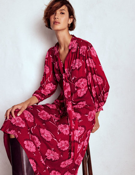 Brooke Tie Neck Tea Dress-Cranberry Red, Delicate Vine
