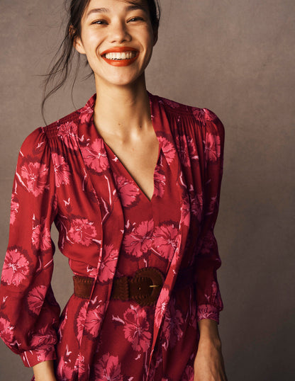 Brooke Tie Neck Tea Dress-Cranberry Red, Delicate Vine-1