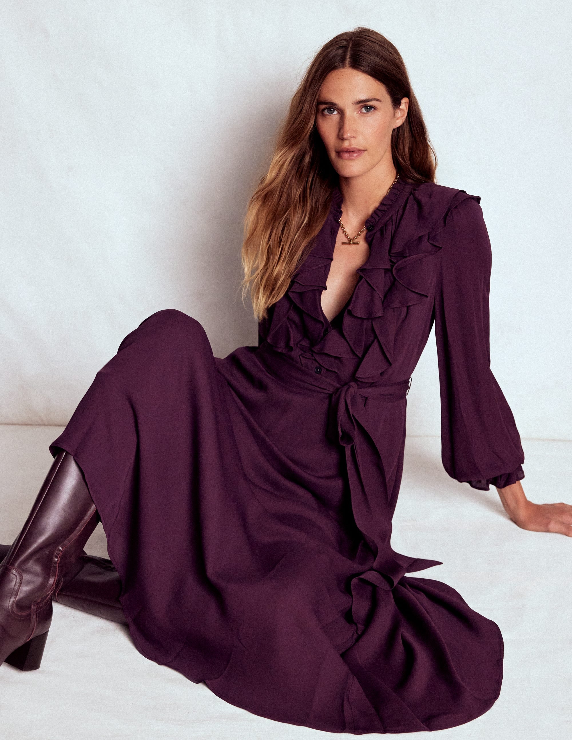 Ruffle Front Shirt Dress-Dark Cherry - Image 1