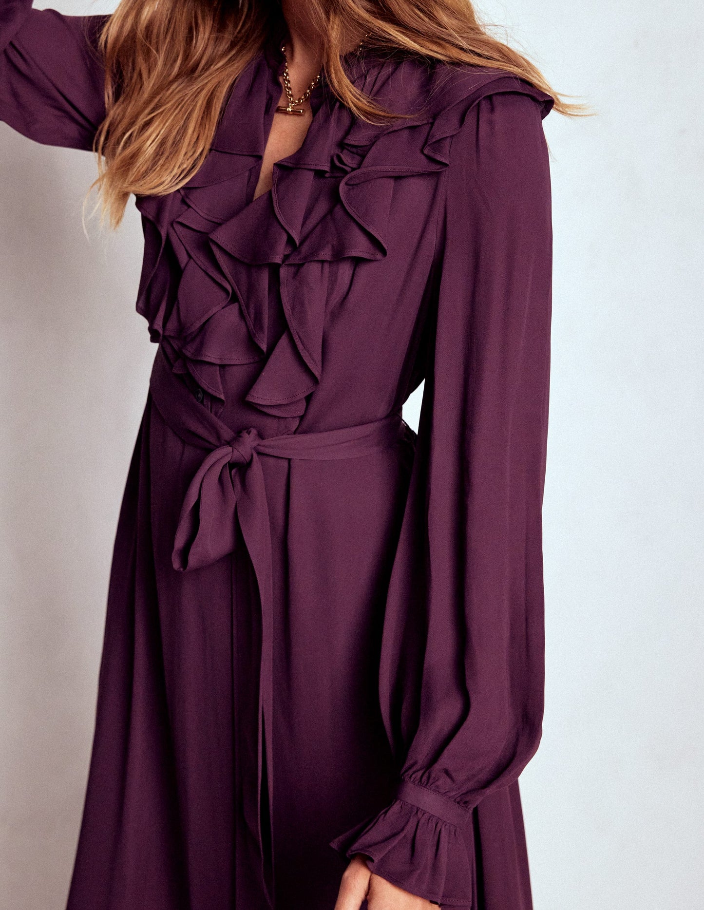 Ruffle Front Shirt Dress-Dark Cherry