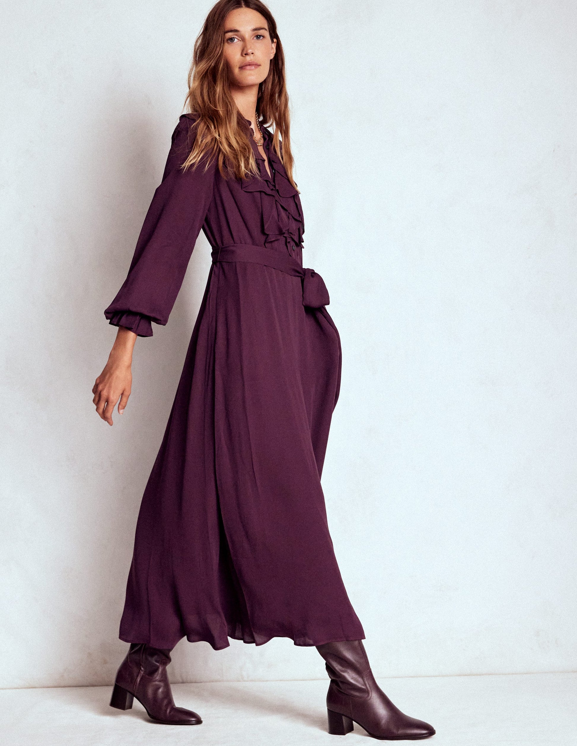 Ruffle Front Shirt Dress-Dark Cherry-4