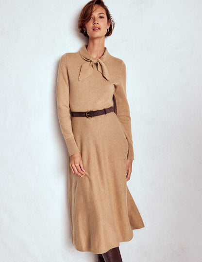 Knitted Bow Dress-Camel Melange-1