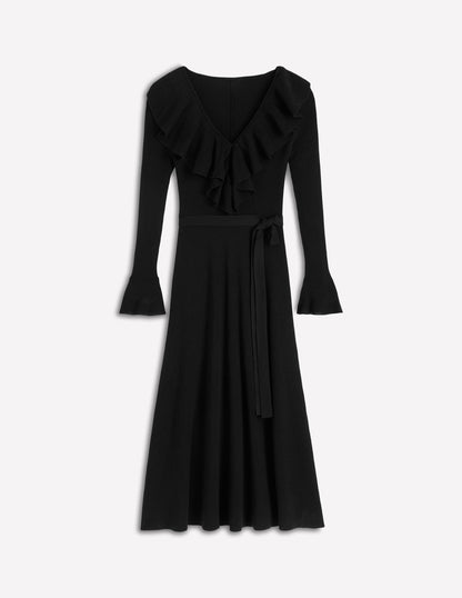 Ruffled Ribbed Henley Dress-Black-5