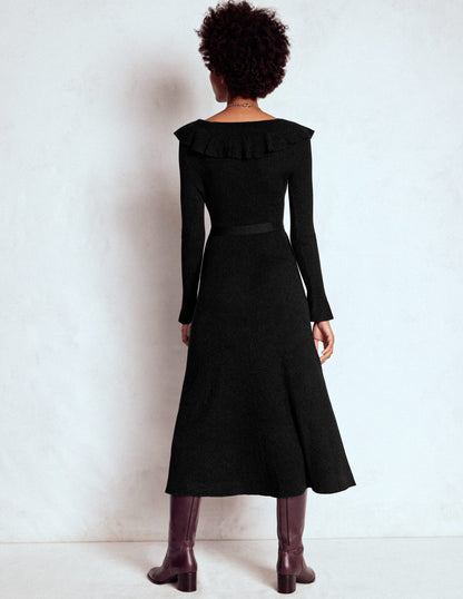 Ruffled Ribbed Henley Dress-Black-3