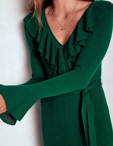Ruffled Ribbed Henley Dress-Emerald Night
