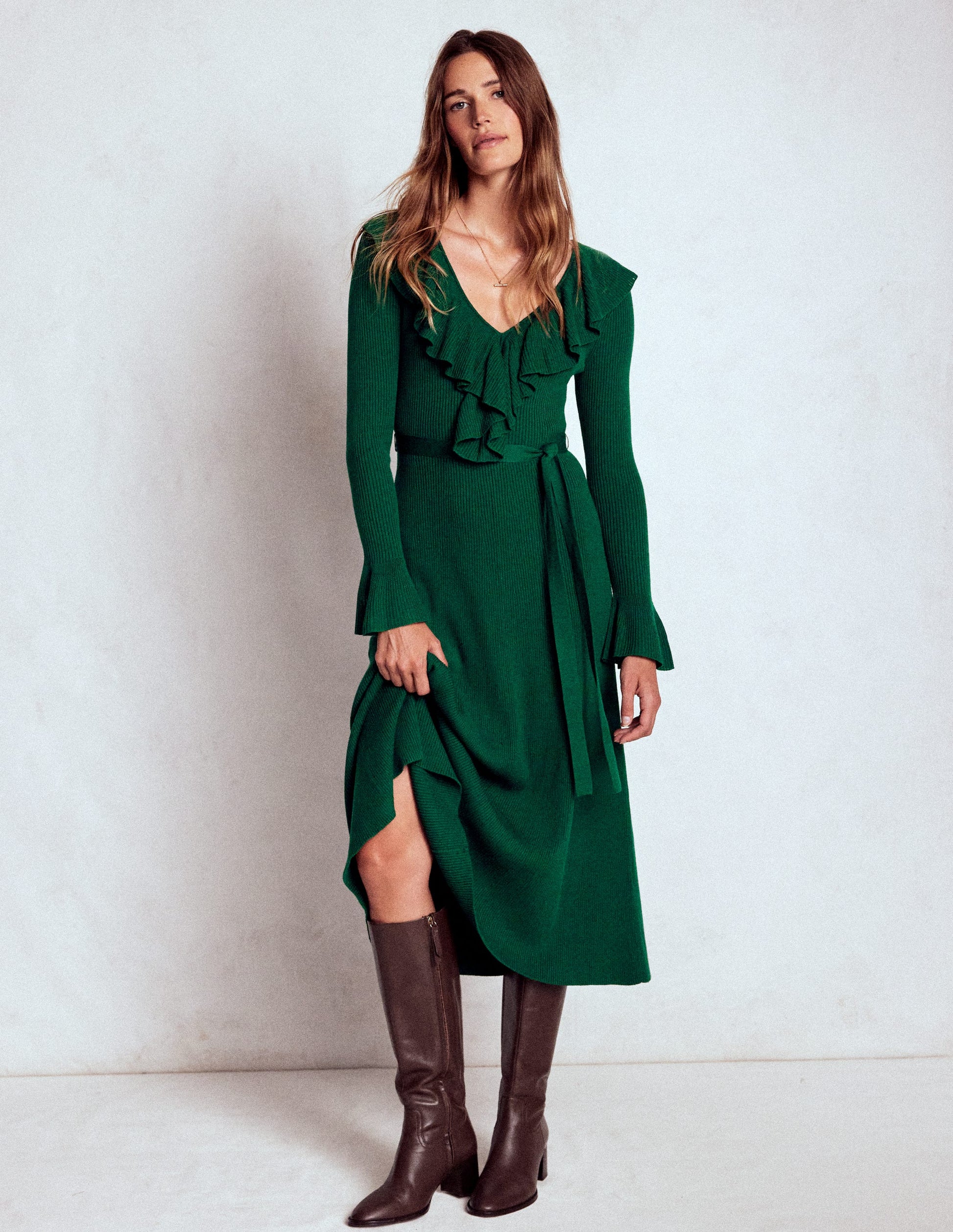 Ruffled Ribbed Dress-Emerald Night | Boden Global Ruffled Ribbed Dress-Emerald Night | Boden Global