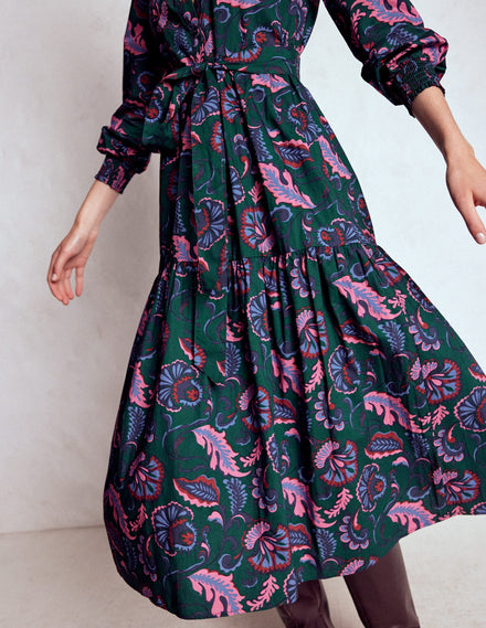 Cecily Cotton Midi Dress-Emerald Night, Ornate Meadow