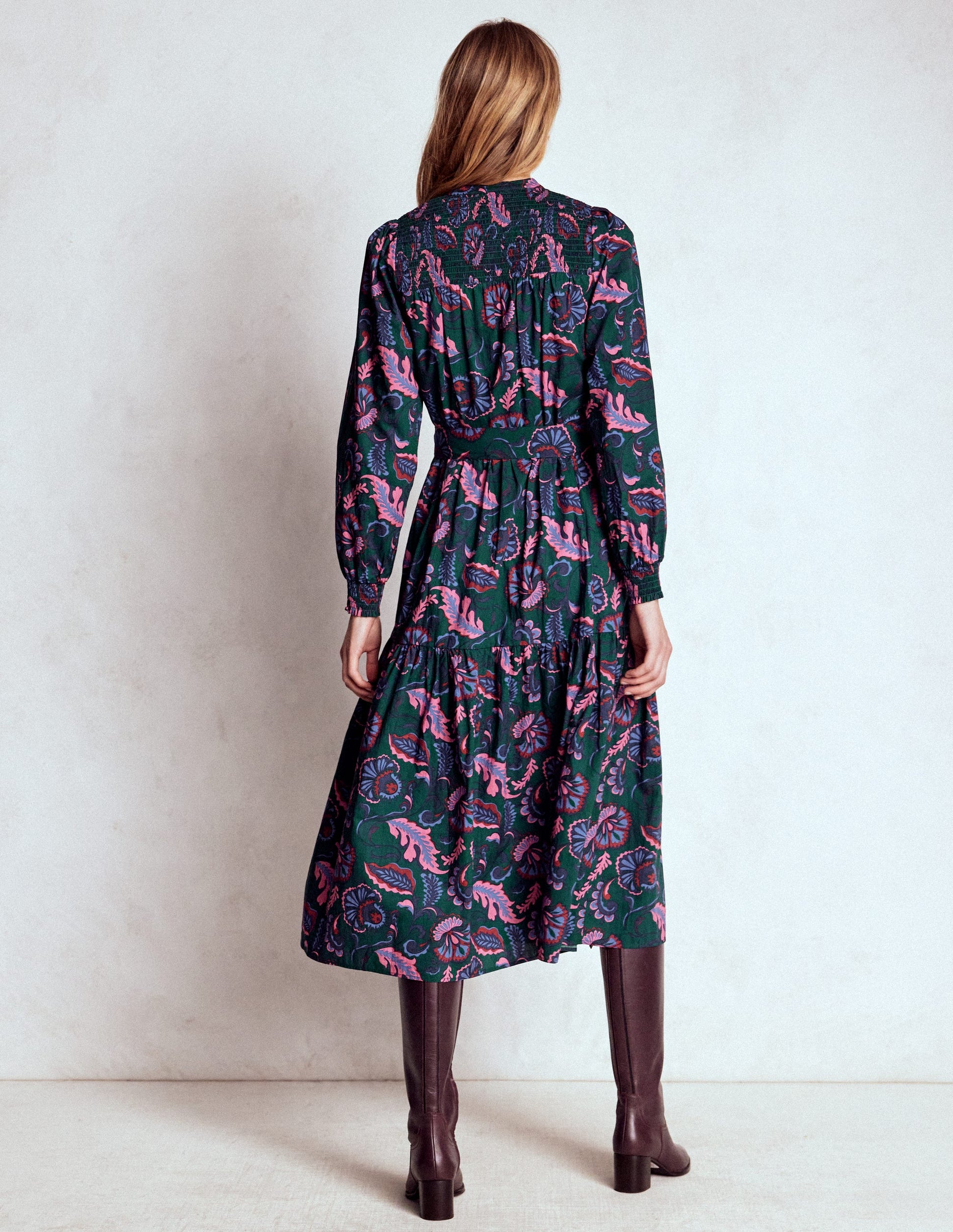 Cecily Cotton Midi Dress-Emerald Night, Ornate Meadow-3