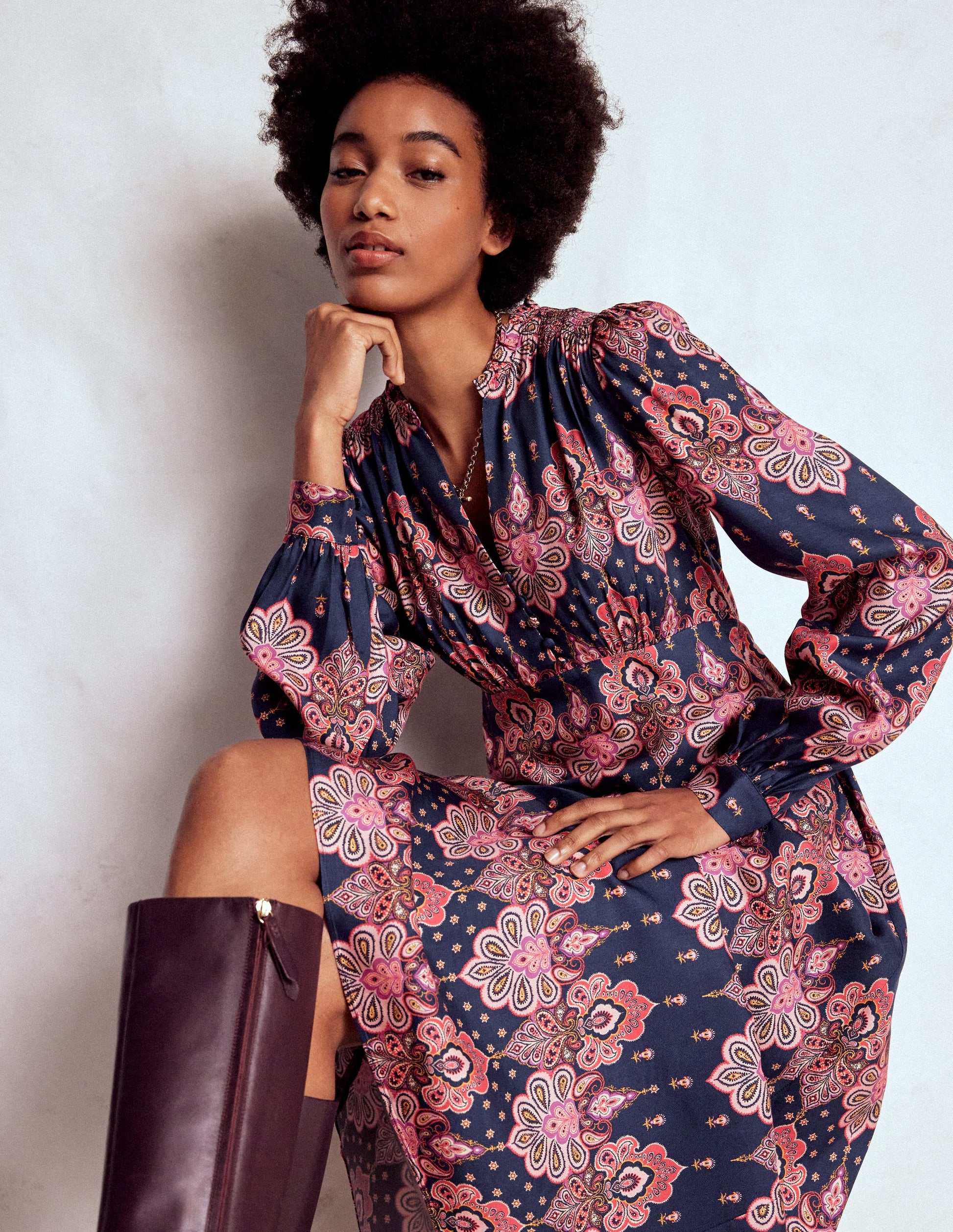 Cassie Smocked Tea Dress-Navy, Embellished Paisley-1