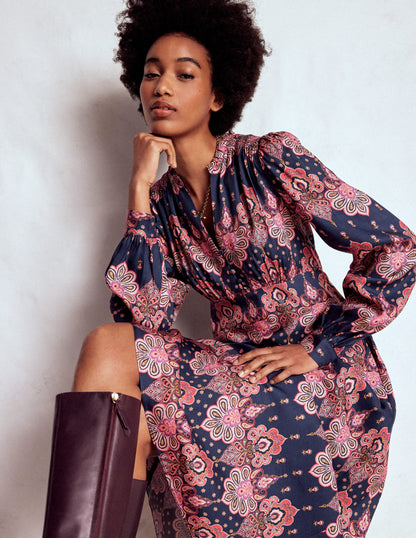 Cassie Smocked Tea Dress-Navy, Embellished Paisley-1