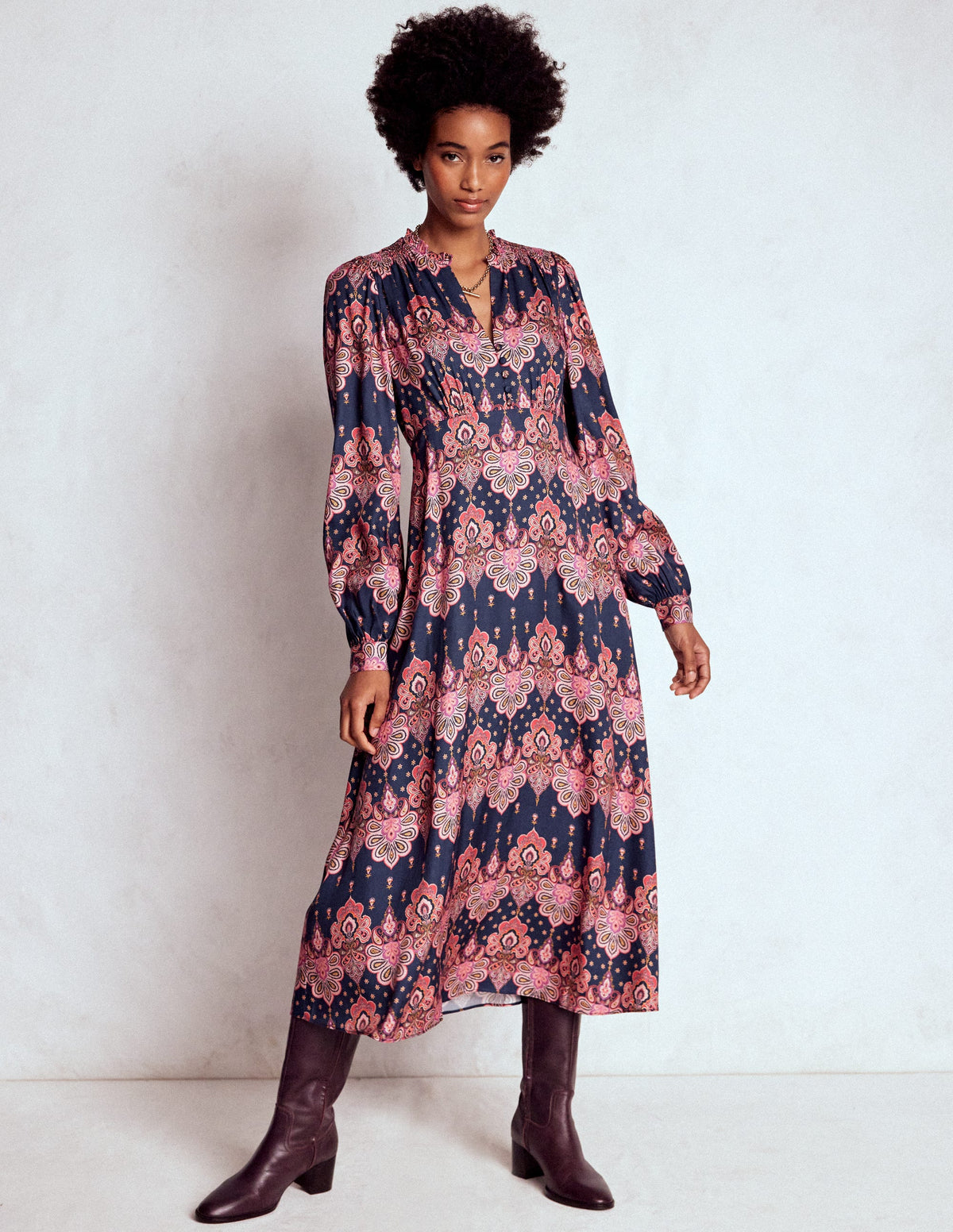 Cassie Smocked Tea Dress-Navy, Embellished Paisley - Image 4
