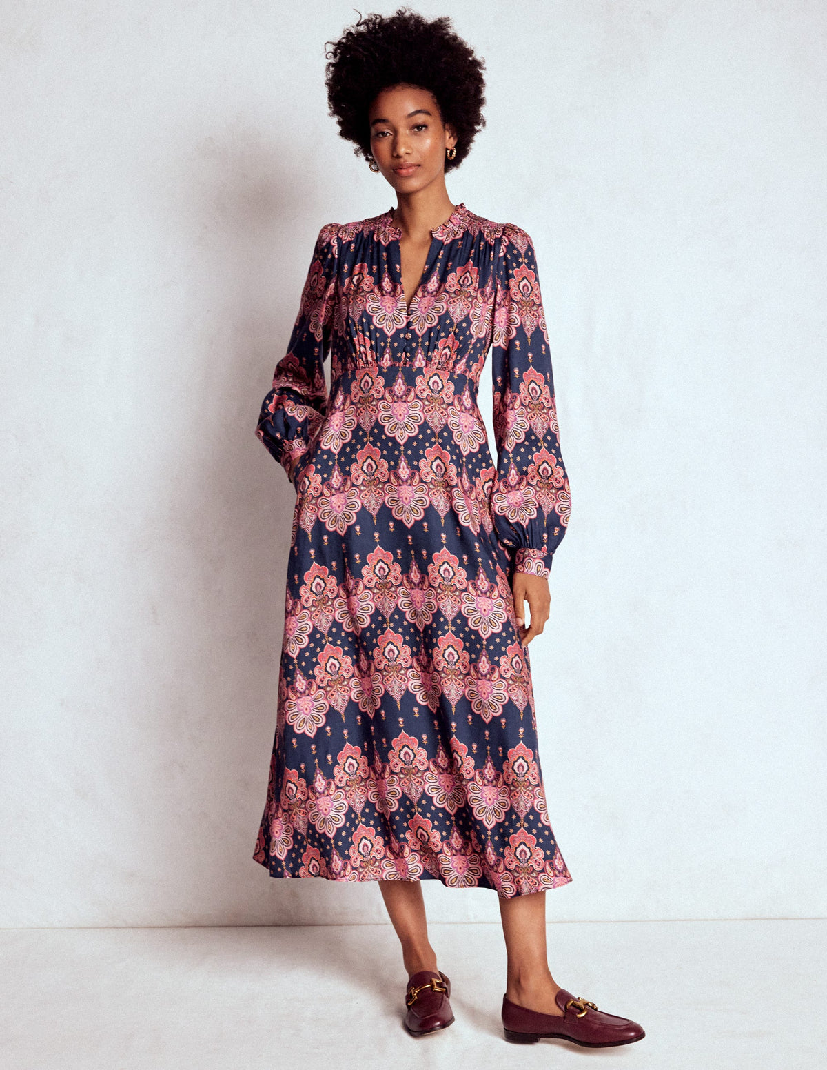 Cassie Smocked Tea Dress-Navy, Embellished Paisley - Image 5