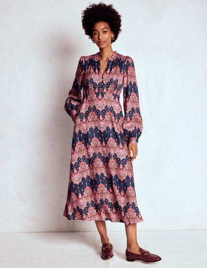 Cassie Smocked Tea Dress-Navy, Embellished Paisley-5