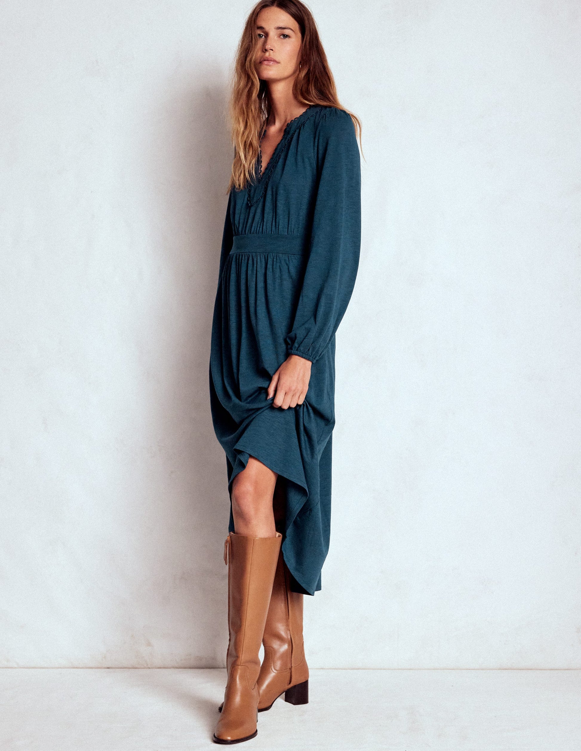 Maddie Picot Trim Midi Dress-Midnight Teal-1