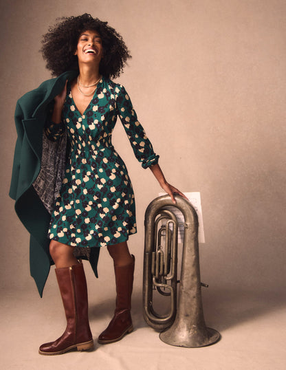 Sarah Short Jersey Dress-Emerald Night, Garden Blossom-1