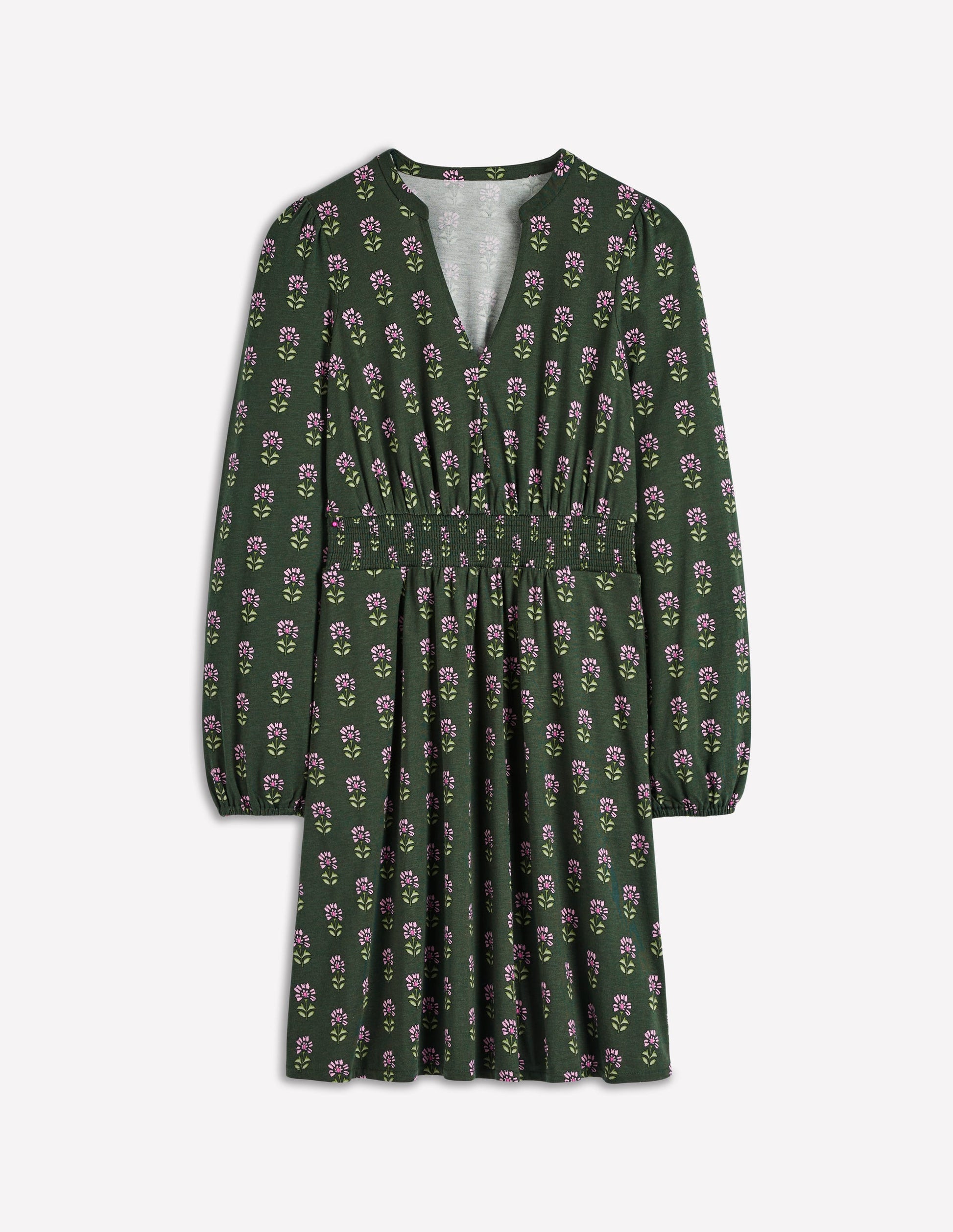 Sarah Short Jersey Dress-Winter Moss, Woodblock Floral | Boden Global Sarah Short Jersey Dress-Winter Moss, Woodblock Floral | Boden Global