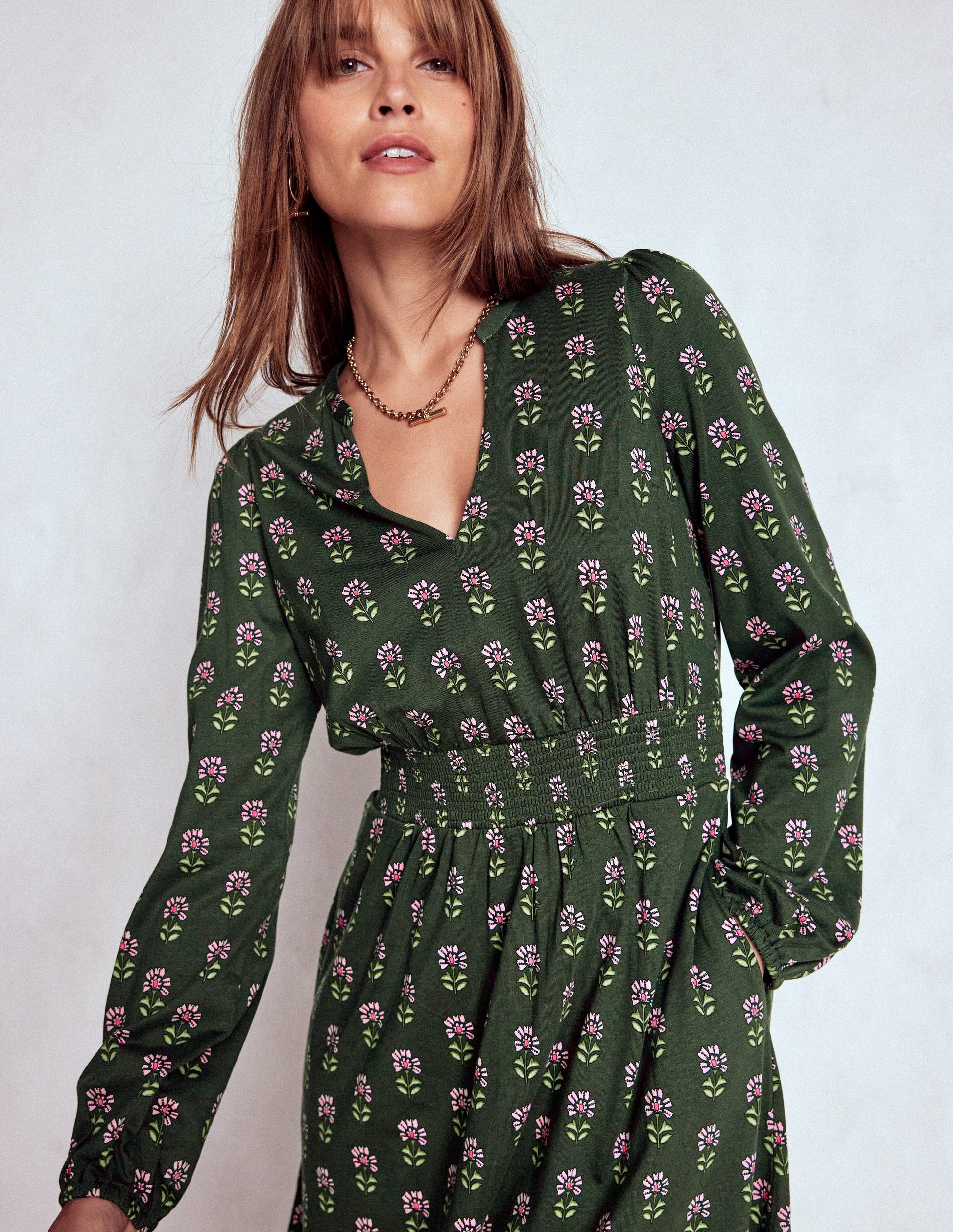 Sarah Short Jersey Dress-Winter Moss, Woodblock Floral | Boden Global Sarah Short Jersey Dress-Winter Moss, Woodblock Floral | Boden Global