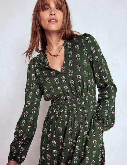 Sarah Short Jersey Dress-Winter Moss, Woodblock Floral-2