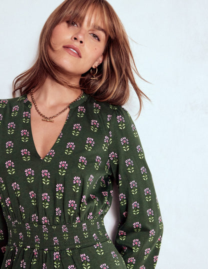 Sarah Short Jersey Dress-Winter Moss, Woodblock Floral-3