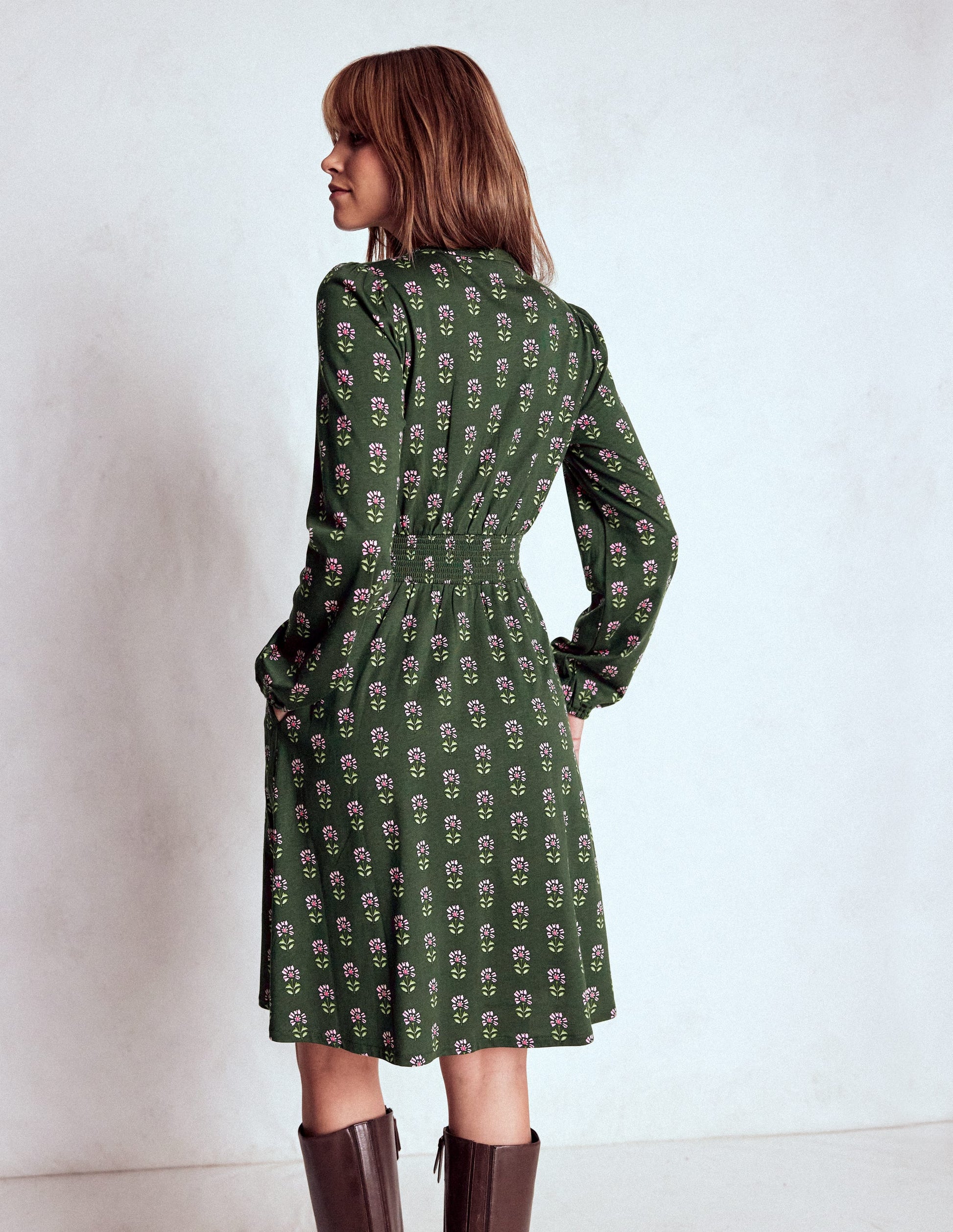 Sarah Short Jersey Dress-Winter Moss, Woodblock Floral | Boden Global Sarah Short Jersey Dress-Winter Moss, Woodblock Floral | Boden Global