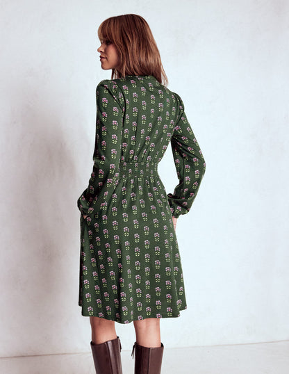 Sarah Short Jersey Dress-Winter Moss, Woodblock Floral-4