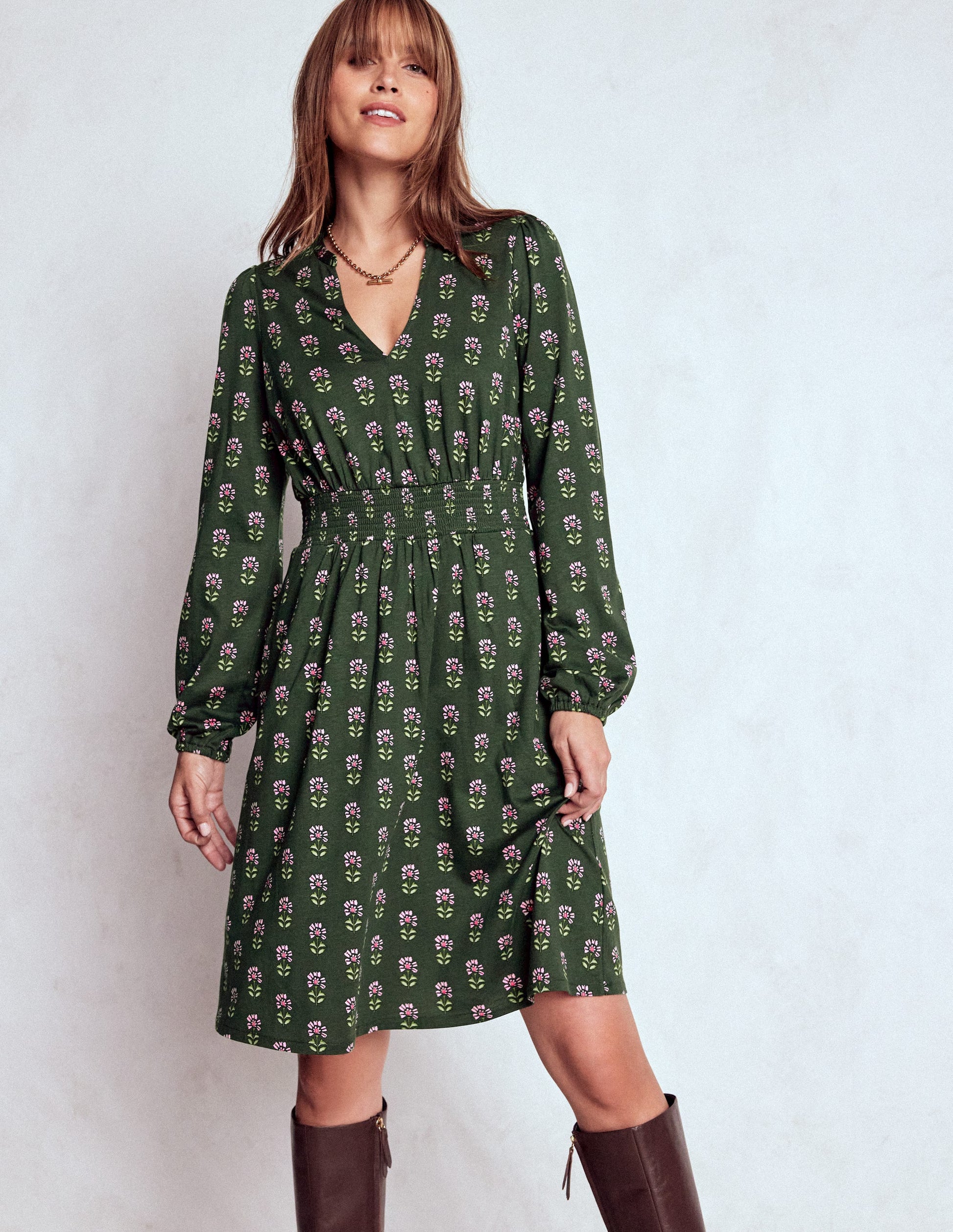 Sarah Short Jersey Dress-Winter Moss, Woodblock Floral | Boden Global Sarah Short Jersey Dress-Winter Moss, Woodblock Floral | Boden Global